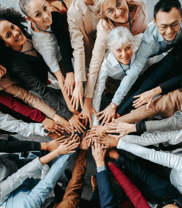 Hands joined in a circle that shows expert collaboration on campaign insights